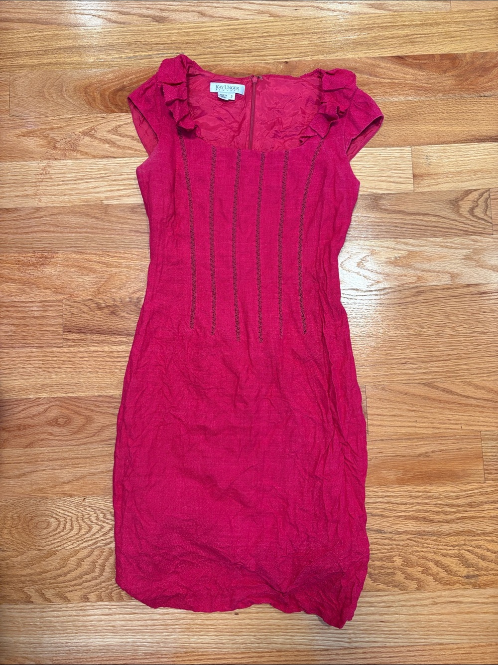 Kay Unger Silk Hot Pink Ruffled Neck Sheath Dress
